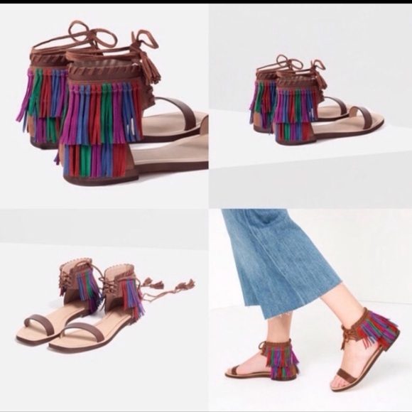 Zara Multicolored Fringe Brown Leather Sandals Size 6.5. NWT - Picture 2 of 10